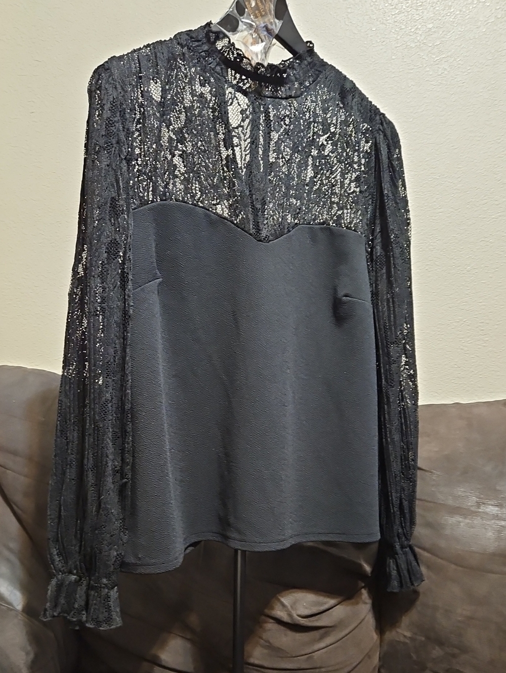 Black Lace-Inset Long-Sleeve Womenβs Blouse